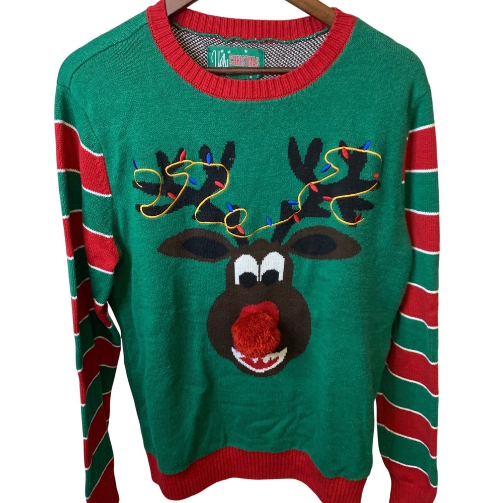 Ugly Christmas Sweater Reindeer Rudolph Lights Candy Cane Back Mens Large
